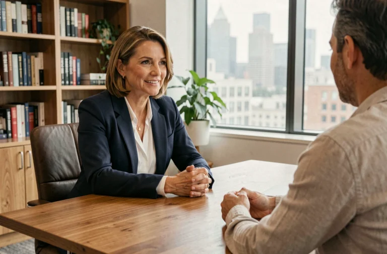 Coach professionnelle en séance de coaching avec un client dans un bureau moderne, illustrant les débouchés professionnels après une formation de coach