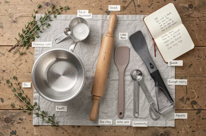 Vue du dessus d'une sélection d'ustensiles de cuisine essentiels disposés sur un plan de travail en bois
