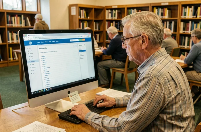 Homme senior lisant attentivement un site de santé bien structuré sur un ordinateur de bureau dans une bibliothèque publique