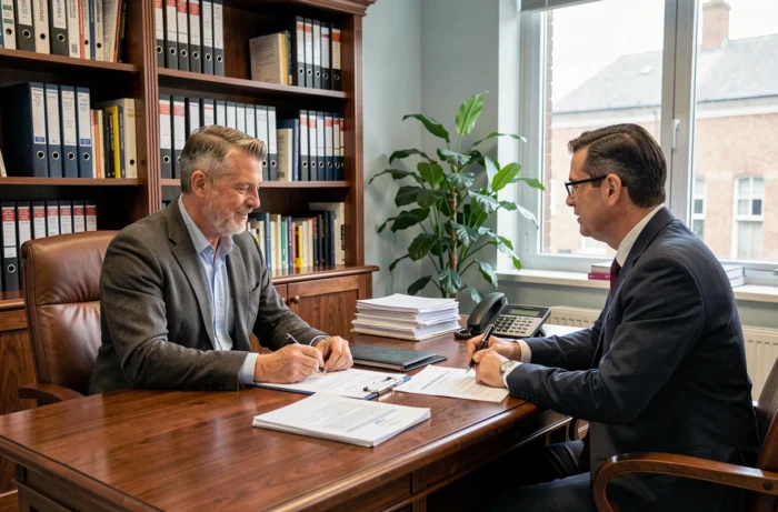 Pharmacien et notaire signant les documents officiels lors d'un transfert de propriété de pharmacie