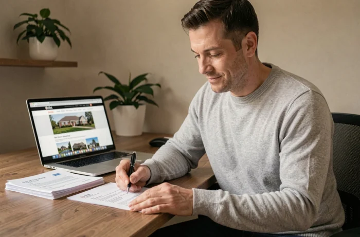 Homme signant un contrat immobilier dans un bureau à domicile après un achat ou une location réussi