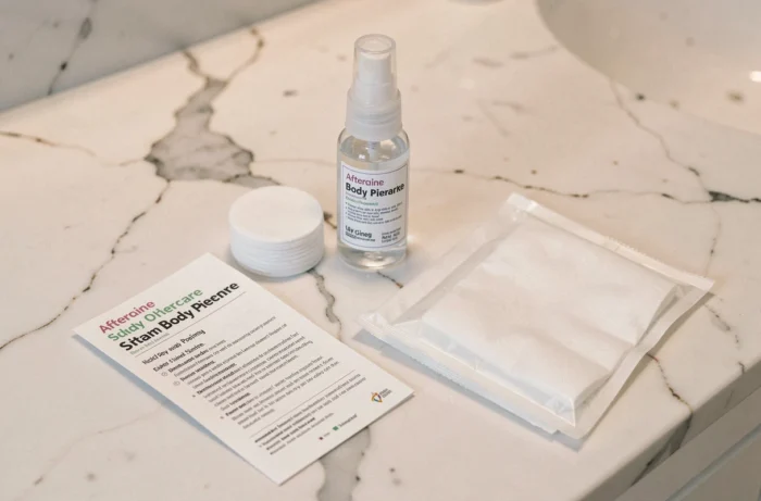 Produits de soin après piercing disposés sur un comptoir en marbre blanc, spray salin et compresses stériles