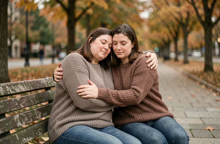 Deux femmes se soutenant mutuellement sur un banc de parc en automne, illustrant le soutien émotionnel entre amies