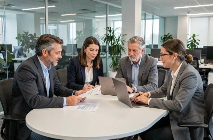 Groupe de collègues collaborant autour d'une table de réunion, représentant le soutien instrumental et professionnel au travail