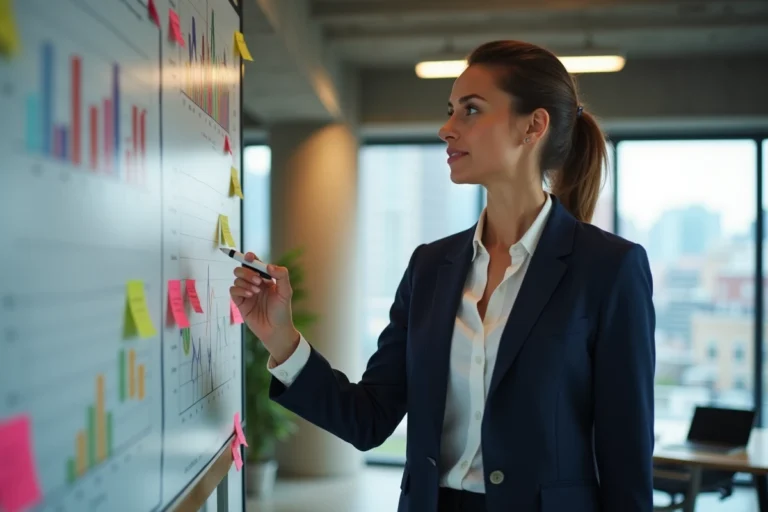 Femme d'affaires présentant une stratégie de croissance d'entreprise devant un tableau blanc dans un bureau moderne