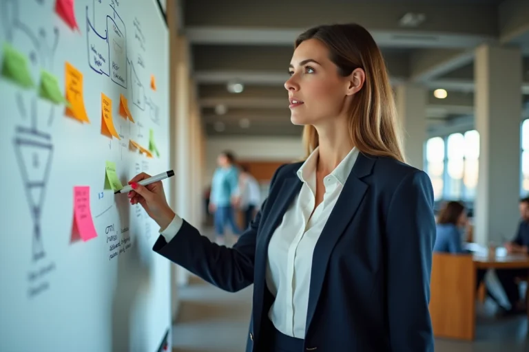 Femme cadre présentant une stratégie marketing innovante sur un tableau blanc dans un bureau moderne et collaboratif