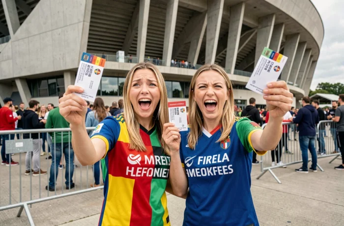 Deux supportrices enthusiastes tenant des billets officiels devant un grand stade moderne lors de la finale de la Ligue des champions