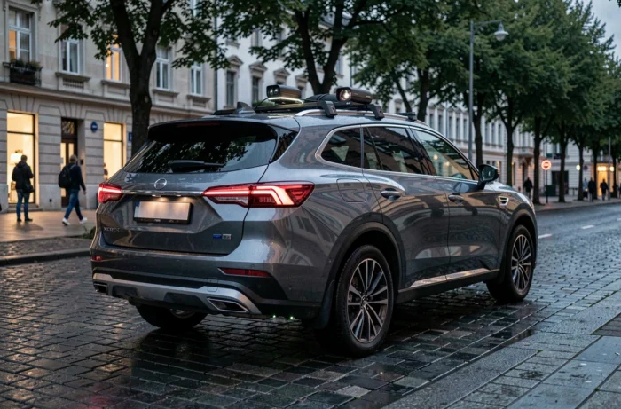 SUV moderne garé en ville montrant ses équipements high-tech extérieurs comme les capteurs et caméras embarquées