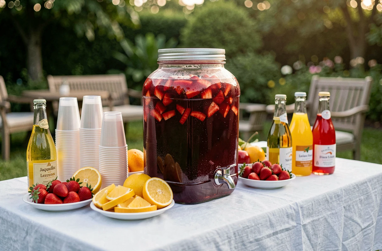 Table de fête en extérieur avec un grand distributeur de punch Jacqueline de 10 litres entouré de fruits et de verres