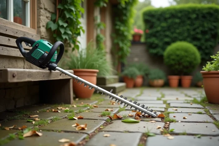 Taille-haie télescopique posé contre un banc en bois dans un jardin avec des résidus de taille sur la terrasse