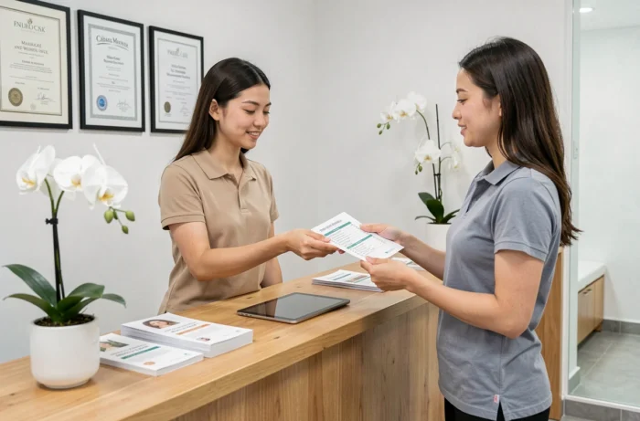 Réceptionniste d'un institut de massage remettant une grille tarifaire à une cliente à l'accueil d'un centre de bien-être moderne