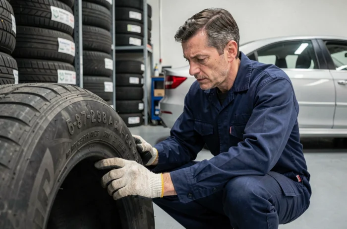 Technicien automobile lisant l'indice de charge et de vitesse sur le flanc d'un pneu dans un garage professionnel