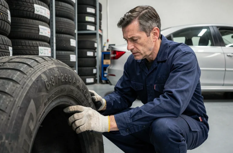Technicien automobile lisant l'indice de charge et de vitesse sur le flanc d'un pneu dans un garage professionnel