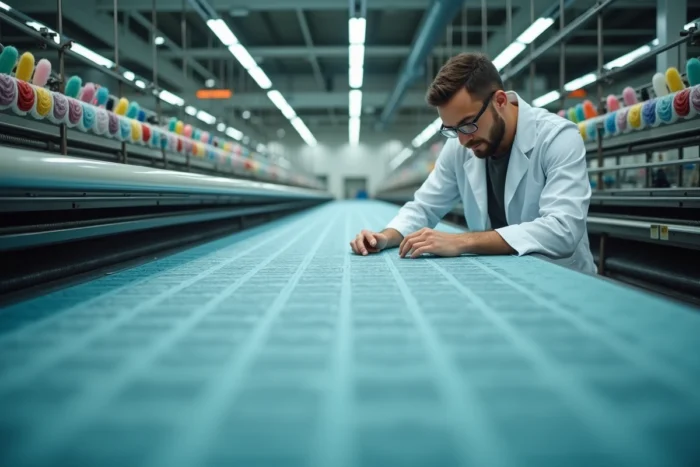 Technicien vérifiant le tissage d'un tissu sur un métier à tisser automatisé dans une usine textile moderne