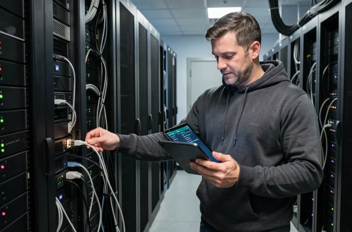 Technicien informatique configurant des équipements réseau dans une salle de serveurs pour renforcer la cybersécurité