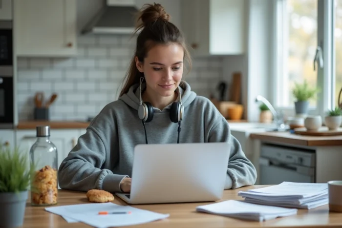 Jeune femme travaillant depuis sa cuisine avec un ordinateur portable dans un appartement moderne, ambiance télétravail authentique