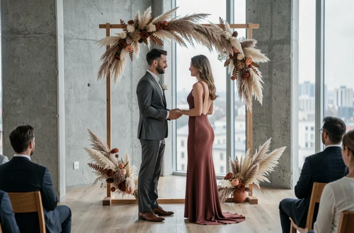 Couple échangeant ses vœux lors d'une cérémonie de mariage minimaliste au style scandinave avec arche en herbes de la pampa et fleurs séchées