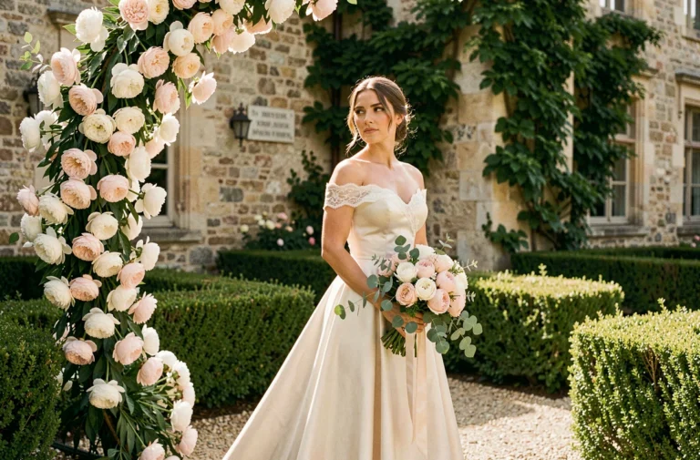 Mariée en robe de mariée ivoire en soie dans un jardin de château français entouré d'arches florales en pivoines blanches et roses