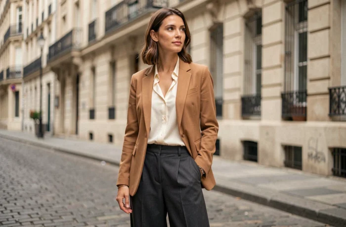 Femme élégante en blazer camel et pantalon large charbon dans une rue parisienne pavée, tendances mode automne-hiver
