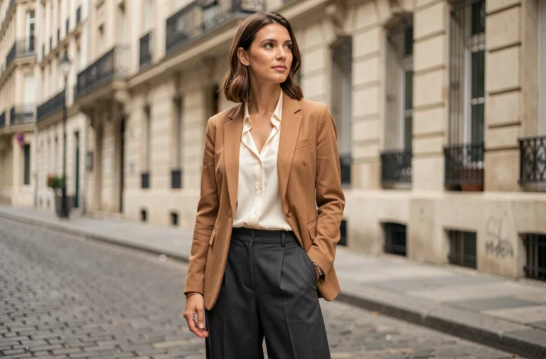 Femme élégante en blazer camel et pantalon large charbon dans une rue parisienne pavée, tendances mode automne-hiver