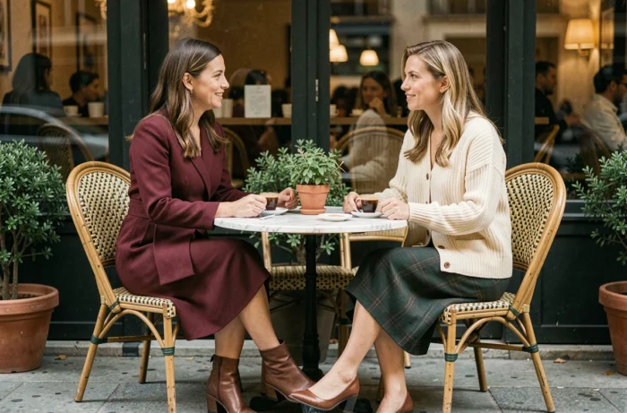 Deux femmes élégantes en tenues mode tendance assises dans un café parisien, robe bordeaux et jupe écossaise en laine, style automne