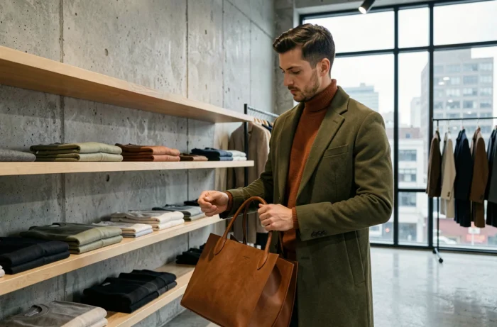 Homme en manteau oversize vert olive et col roulé rouille dans une boutique de mode minimaliste, tendances mode masculine saison