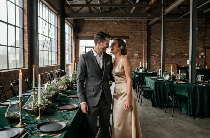 Couple complice près d'une table de réception décorée de velours émeraude et de laiton dans un entrepôt industriel revisité pour un mariage au thème moderne et botanique
