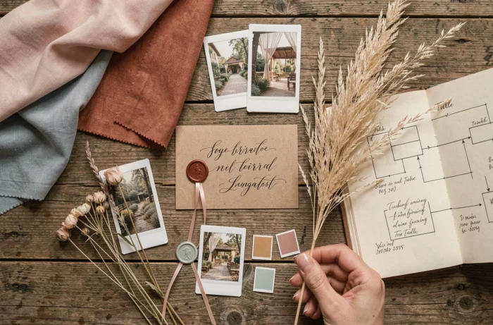 Tableau d'inspiration pour mariage vu de dessus avec échantillons de tissu, cartes calligraphiées et fleurs séchées sur une table en chêne pour planifier un thème unique et bohème