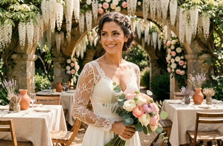 Mariée en robe en dentelle ivoire tenant un bouquet de roses de jardin dans un cadre de jardin botanique avec des arches fleuries pour un mariage thème champêtre-romantique