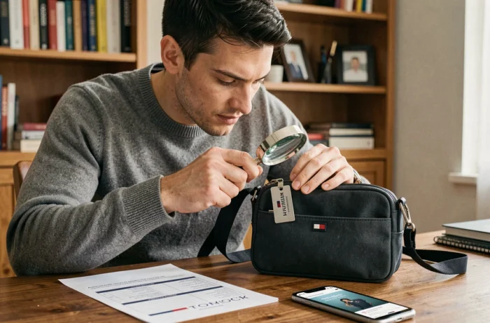 Homme utilisant une loupe pour vérifier l'authenticité d'un sac Tommy Hilfiger à son bureau à domicile