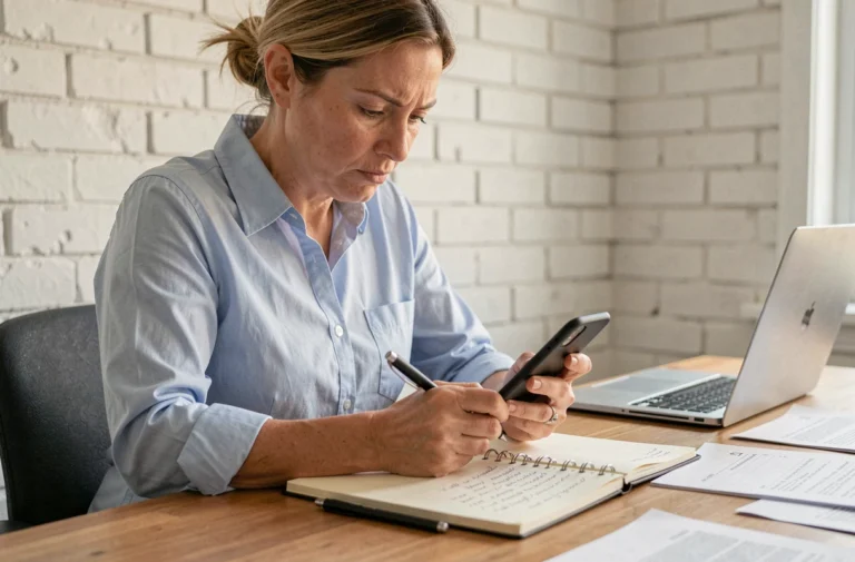 Femme vérifiant la fiabilité d'un numéro de téléphone 0270 sur son smartphone dans un bureau à domicile