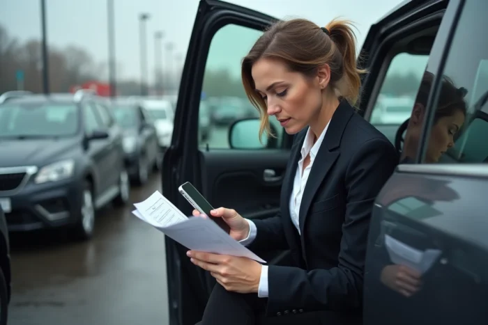 Femme vérifiant une liste de contrôle avant d'acheter un véhicule d'occasion dans un parc automobile