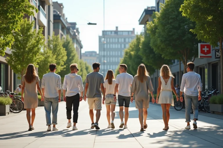 Groupe de personnes sur une promenade urbaine futuriste avec jardins verticaux et architecture durable, vision d'une ville où vivre en 2050