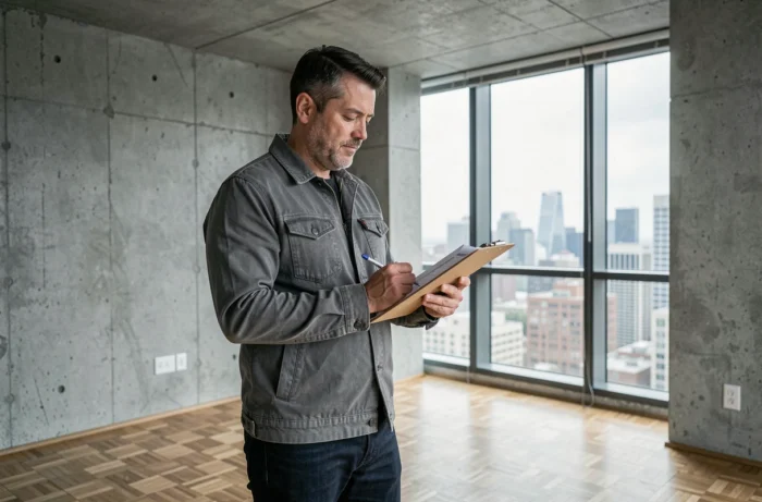Homme examinant un appartement vide avec vue sur la ville lors d'une visite immobilière avec expertise locale