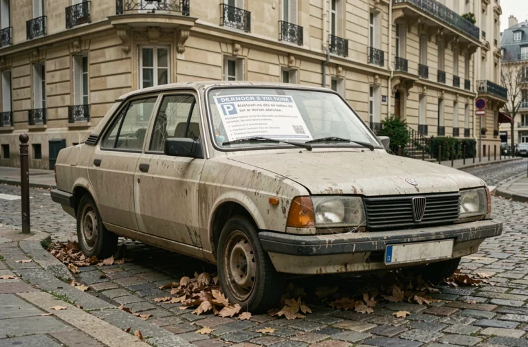 Voiture abandonnée dans une rue résidentielle française avec un avis de contravention sur le pare-brise