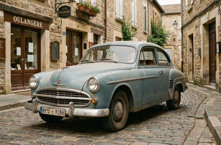 Vieille voiture française des années 1950 surnommée titine garée sur une rue pavée d'un village