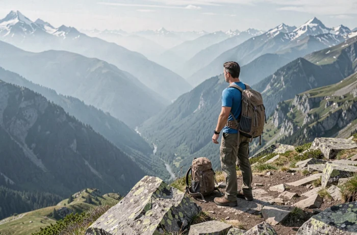 Randonneur contemplant un panorama montagneux spectaculaire depuis un sommet, parfait pour illustrer les destinations de voyage aventure et nature