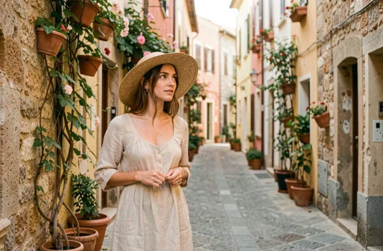 Femme en robe de lin se promenant dans une ruelle pavée d'un village européen coloré, idéale pour illustrer une destination de voyage inoubliable
