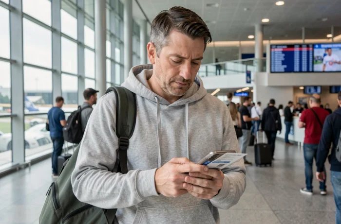 Un homme consulte une application de billetterie sur son téléphone dans un aéroport, prêt à voyager pour assister à la finale de la Ligue des champions