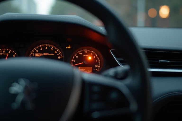 Voyant orange allumé sur le tableau de bord d'un Peugeot 5008, vue rapprochée de l'instrumentation numérique