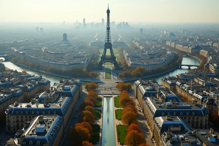Vue aérienne de Paris avec la Tour Eiffel et les toits haussmanniens en automne