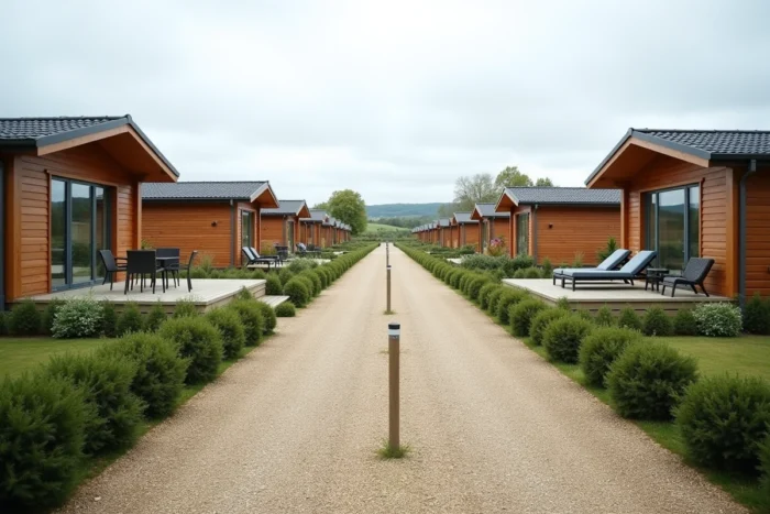 Vue panoramique d'un parc résidentiel de loisirs en Vendée avec parcelles individuelles délimitées et chalets modernes
