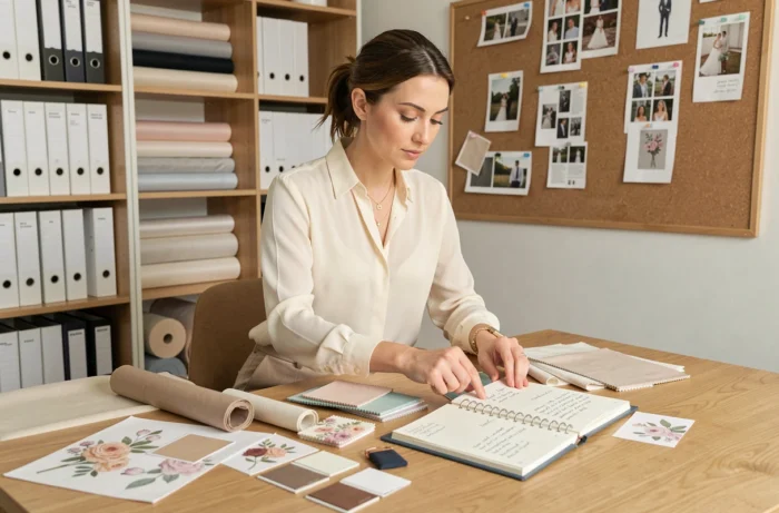 Wedding planner professionnelle organisant les détails d'un mariage dans un bureau moderne et ordonné